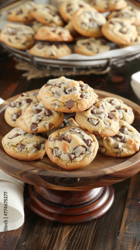 American chocolate chip cookies displayed on a white plate resting on a wooden table