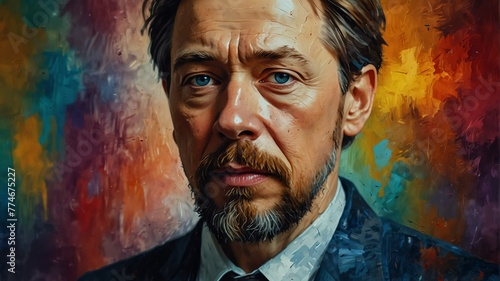 anton chekhov abstract portrait oil pallet knife paint painting on canvas large brush strokes art watercolor illustration colorful background from Generative AI photo