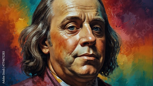 benjamin franklin abstract portrait oil pallet knife paint painting on canvas large brush strokes art watercolor illustration colorful background from Generative AI photo