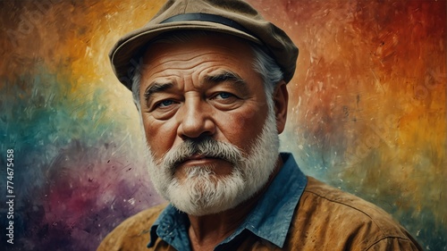 ernest hemingway abstract portrait oil pallet knife paint painting on canvas large brush strokes art watercolor illustration colorful background from Generative AI photo
