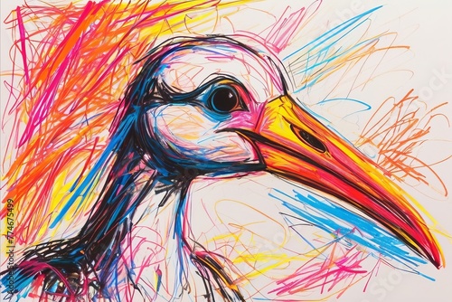 Stork in chaotic wax crayon drawing style
