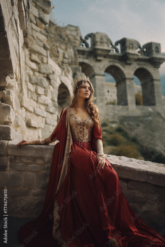 Queen with flowing gown on ancient castle ramparts