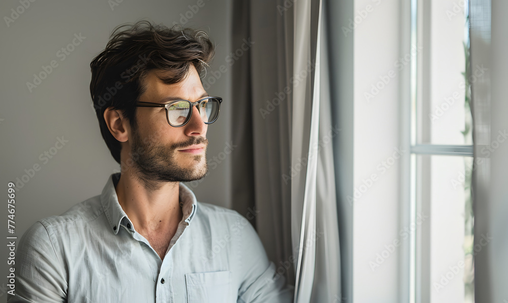 Thoughtful Man Looking Out the Window, Generative AI Thoughtful Man Looking Out the Window, Generative AI