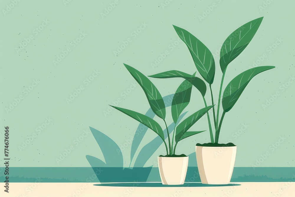 Drawing of two potted plants with long leaves. green and white simple shape Drawing of two potted plants with long leaves. green and white simple shape