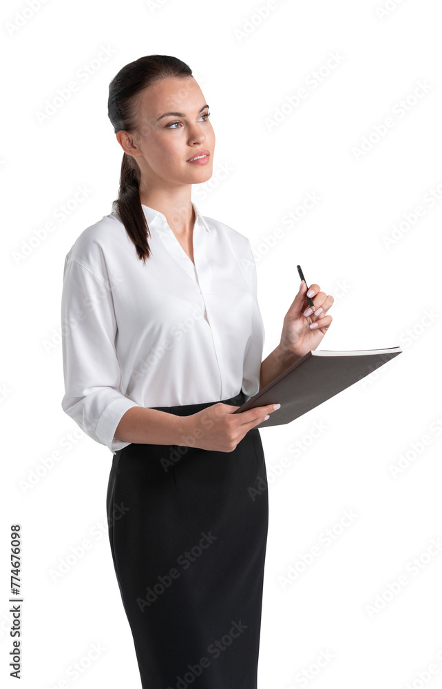 A professional businesswoman holding a clipboard and pen, wearing formal wear on a white studio background A professional businesswoman holding a clipboard and pen, wearing formal wear on a white studio background