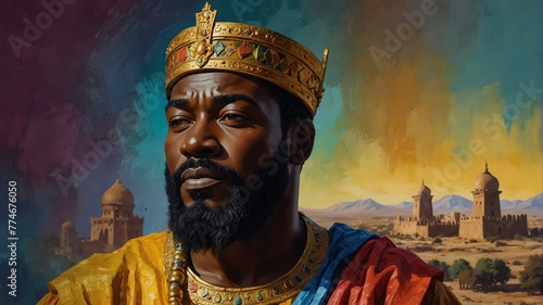 mansa musa abstract portrait oil pallet knife paint painting on canvas large brush strokes art watercolor illustration colorful background from Generative AI