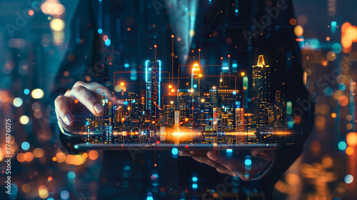 Smart City Concept with Holographic Visualization . A conceptual depiction of smart city management, with a person interfacing with holographic urban data and infrastructure analytics.  © phairot
