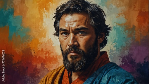 marco polo abstract portrait oil pallet knife paint painting on canvas large brush strokes art watercolor illustration colorful background from Generative AI