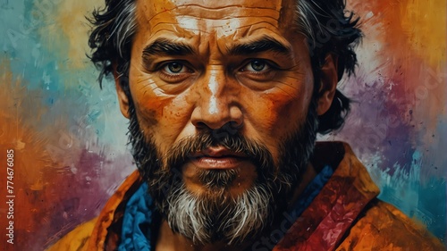 marco polo abstract portrait oil pallet knife paint painting on canvas large brush strokes art watercolor illustration colorful background from Generative AI photo