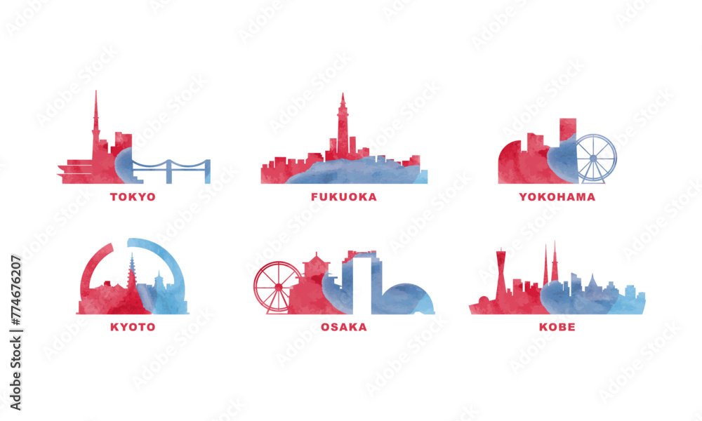 Naklejka premium Japan cities skyline vector logo set. Flat watercolor icon for Tokyo, Kyoto, Yokohama, Osaka, Kobe, Fukuoka silhouette. Isolated graphic collection