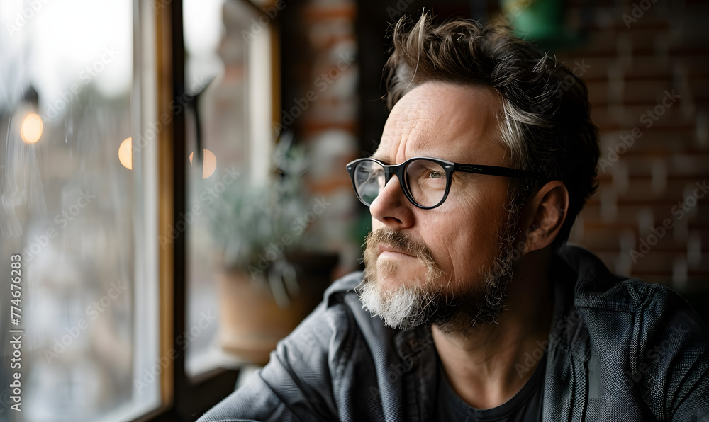 Obraz premium Thoughtful Man Looking Out the Window, Generative AI