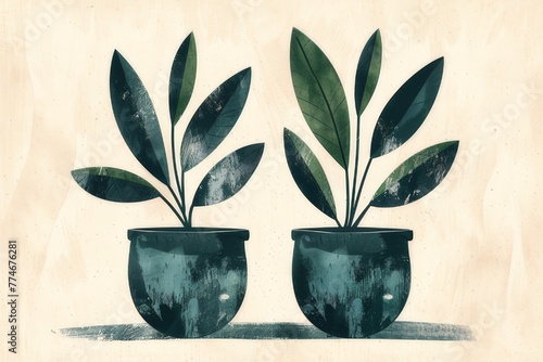 Drawing of two potted plants with long leaves. green and white simple shape