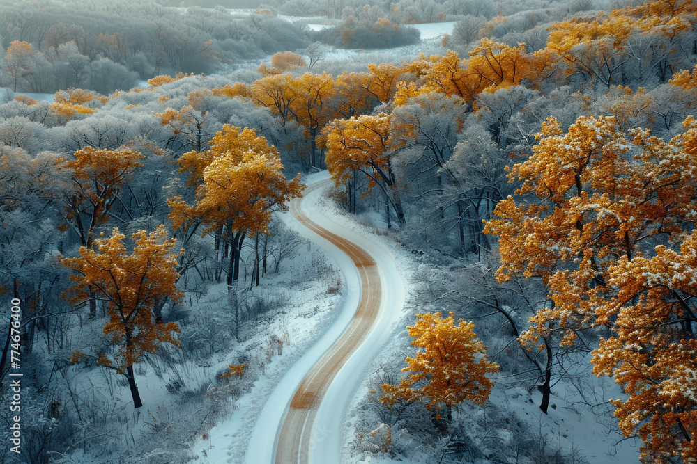 Naklejka premium Snowy Forest Path Vie, road adventure, path to discovery, holliday trip, Aerial view
