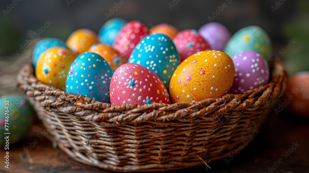 A table holds a basket of colorfully painted eggs, alongside eggs adorned with sprinkles A table holds a basket of colorfully painted eggs, alongside eggs adorned with sprinkles