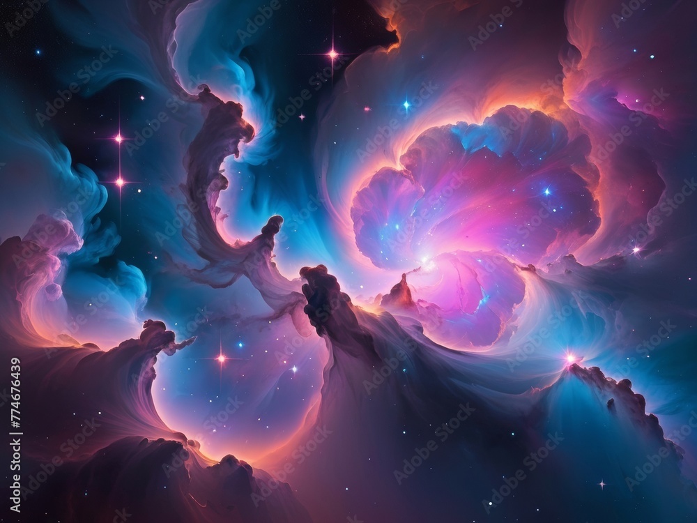 In space, a nebula swirls with gases, dust, stars, and vibrant colors, a stunning portrait of cosmic beauty and evolution. In space, a nebula swirls with gases, dust, stars, and vibrant colors, a stunning portrait of cosmic beauty and evolution.