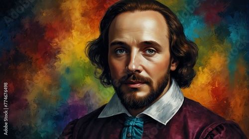 william shakespeare abstract portrait oil pallet knife paint painting on canvas large brush strokes art watercolor illustration colorful background from Generative AI photo