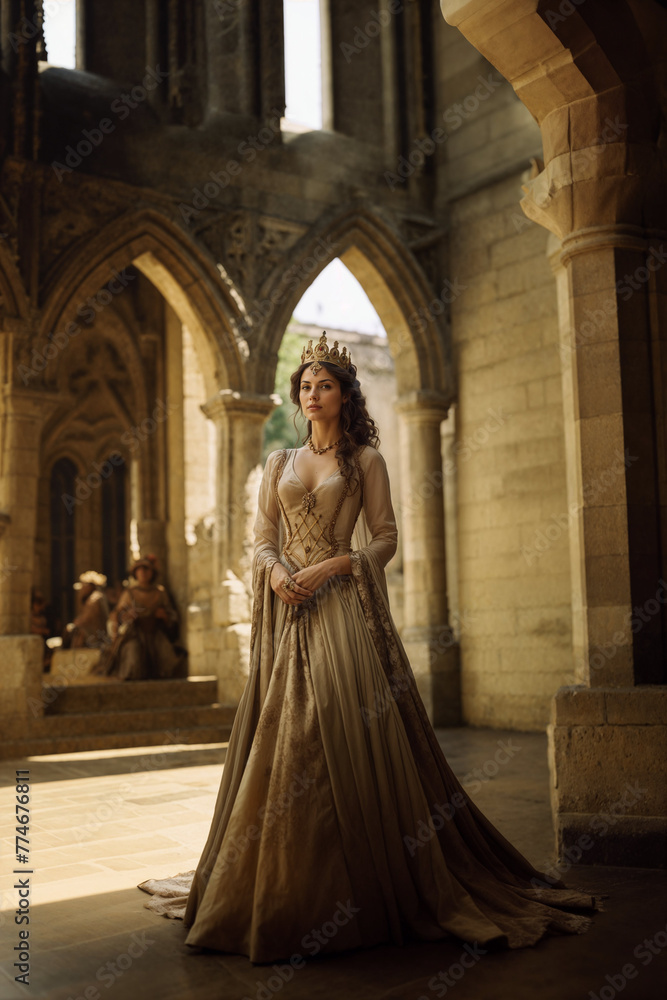 Queen in historical attire amongst castle peers