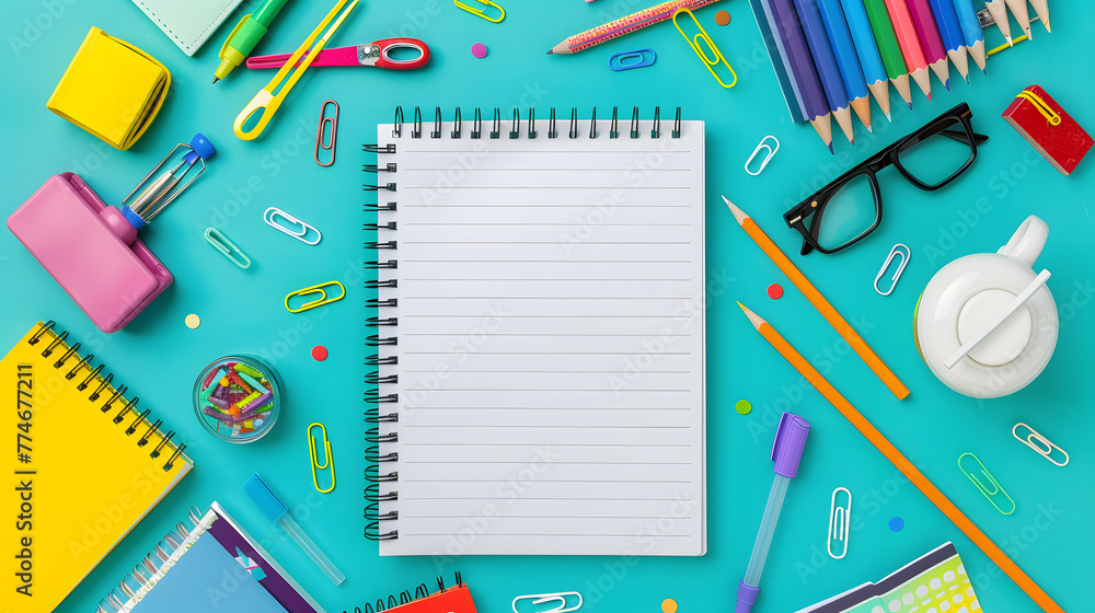 A blank sheet of notebook paper surrounded by colorful stationery and school supplies on an isolated teal background with space to write A blank sheet of notebook paper surrounded by colorful stationery and school supplies on an isolated teal background with space to write