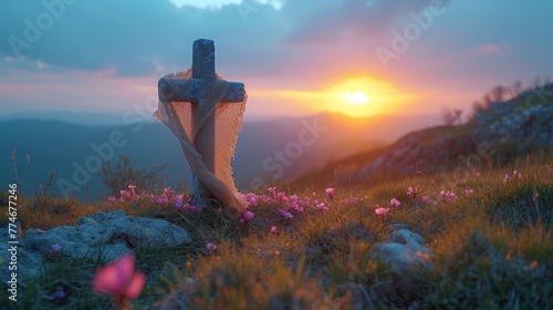  A wooden cross atop a green hill, dotted with flowers, borders a cloud-studded sky