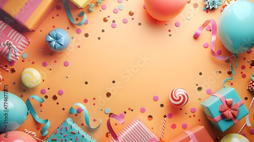 Top view of Birthday party banner or backdrop featuring vibrant balloons, presents, party hats, confetti, candies, and streamers.