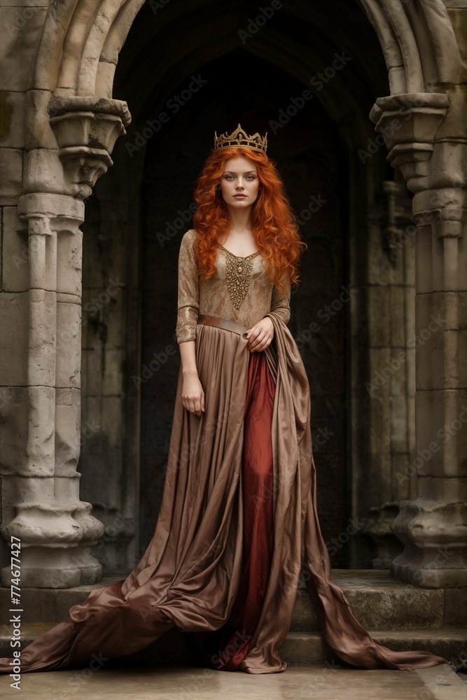 Redhead queen in medieval archway with gown