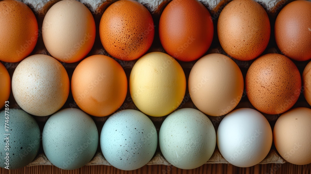 A dozen eggs arranged neatly in a carton against a wooden backdrop, displaying speckled surfaces A dozen eggs arranged neatly in a carton against a wooden backdrop, displaying speckled surfaces