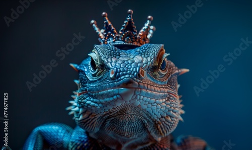 Proud lizard animal with crown on his head showing courage and strength
