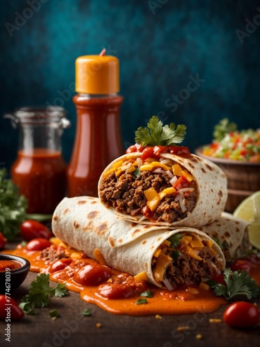 Authentic Mexican burritos, with flour tortillas, meat fish, potato, rice, beans, asadero cheese, chile rajas, chile relleno photo