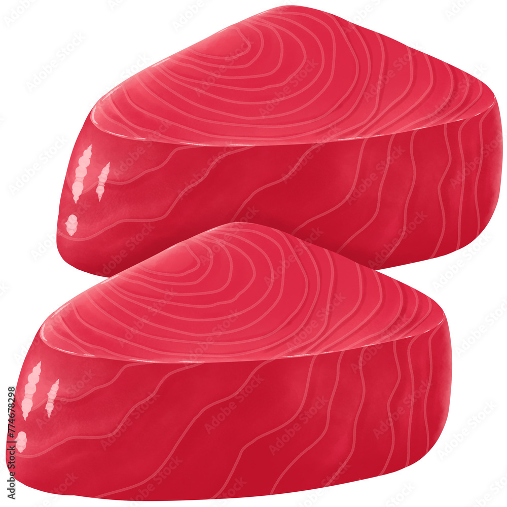 The illustration clipart features a hand-drawn cartoon of tuna fillet in shades of red and pink. The illustration clipart features a hand-drawn cartoon of tuna fillet in shades of red and pink.