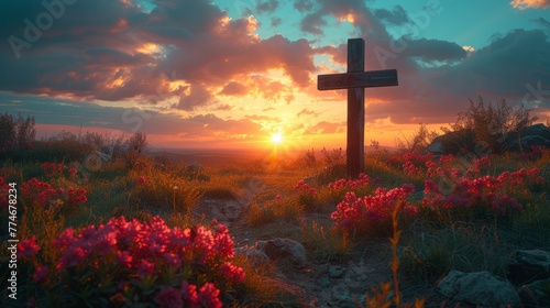  A cross in the middle of a field Flowers bloom in the foreground Sun sets in the background