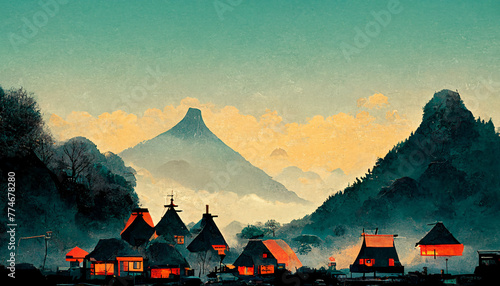 sunset over the mountains - Ancient Japanese Village #774678280