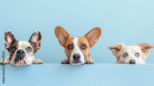 Three dogs of different breeds peek over a ledge with eager expressions and paws visible. © VLA Studio