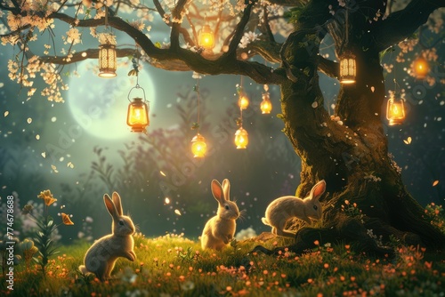 A rabbit is peacefully resting under a cherry blossom tree in a natural landscape at night  creating a serene and picturesque scene reminiscent of a painting AIG42E
