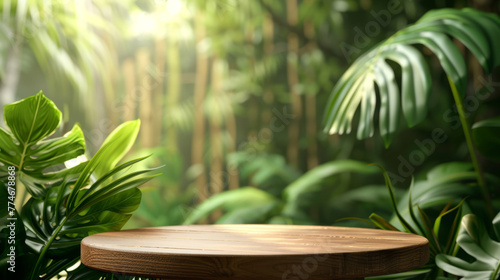 A round wooden podium stands amidst lush tropical greenery with soft lighting.