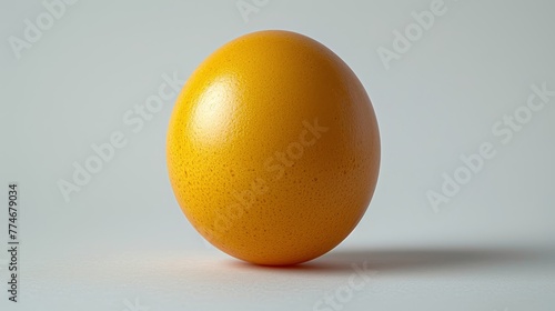  An orange rests atop a table, near a white wall A shadow cast by an egg, not present, lies beside the fruit