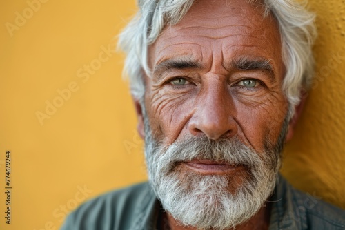 Portrait of an old man with white beard and mustache against yellow wall © Iigo