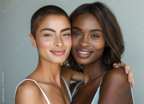 A black woman with short hair wearing a white tank top is smiling and touching the shoulder of her friend, an attractive brunette lady in a light blue dress. 