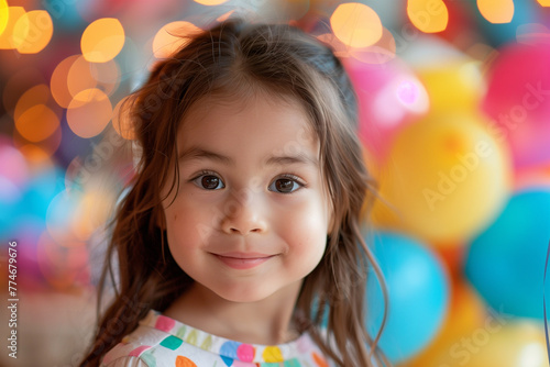 A portrait of an adorable girl at her birthday party, surrounded by colorful balloons and decorations, with soft bokeh lights in the background creating a dreamy atmosphere, 