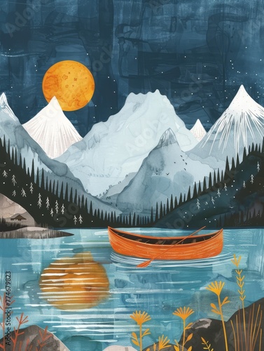 Canoe on a Calm Lake Surrounded by Mountains photo