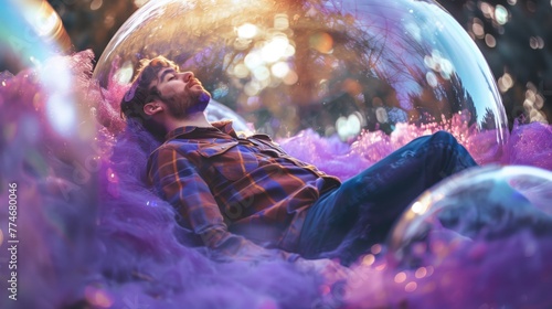 tranquil bubble escape man enveloped in a mystical forest light 