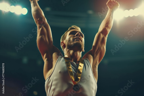 Triumphant athlete celebrating victory with a gold medal in a stadium