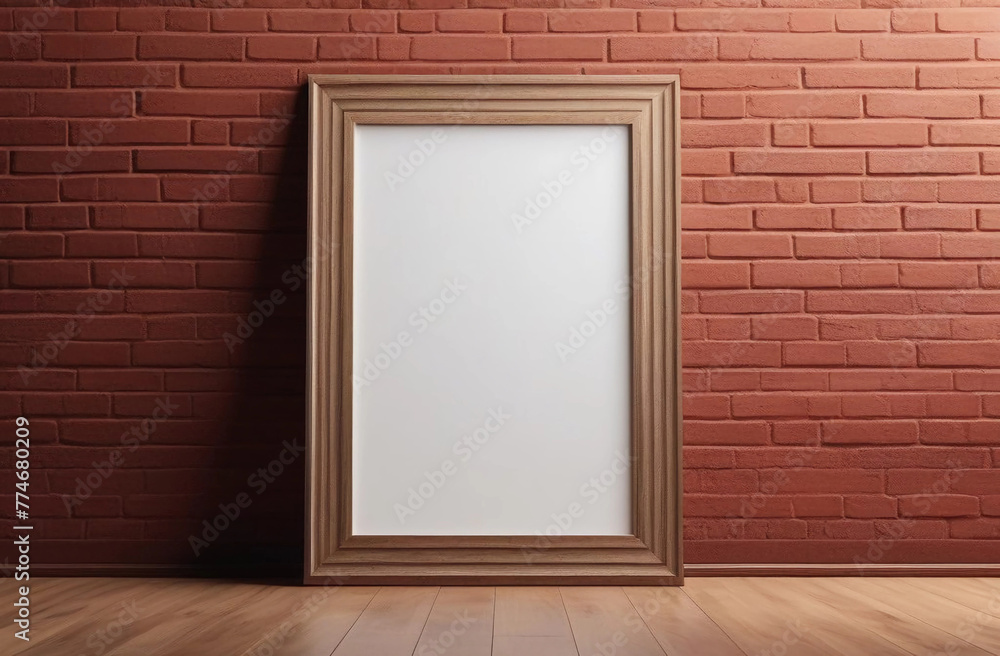 Vertical dark wood frame mockup stands on the floor next to red brick wall background Vertical dark wood frame mockup stands on the floor next to red brick wall background