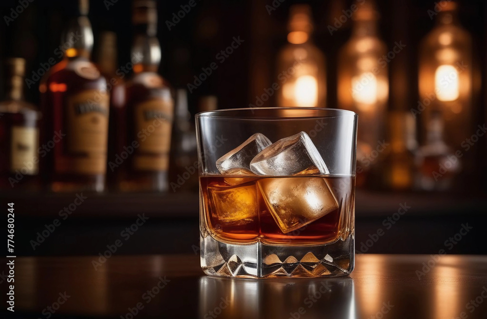 Whiskey on the rocks. Glass whiskey with ice on bar counter with moody dark background Whiskey on the rocks. Glass whiskey with ice on bar counter with moody dark background