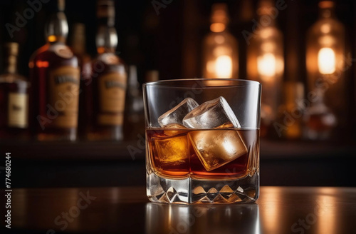 Whiskey on the rocks. Glass whiskey with ice on bar counter with moody dark background