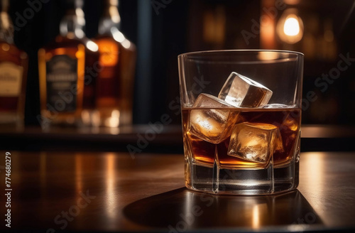 Glass of whiskey on the rocks. Glass whiskey with ice on bar counter with moody dark background