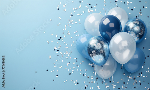 Photo of a blue background with balloons and confetti for an elegant birthday party invitation card template. Blue, white, and silver balloon decorations on the sides with blank space 
