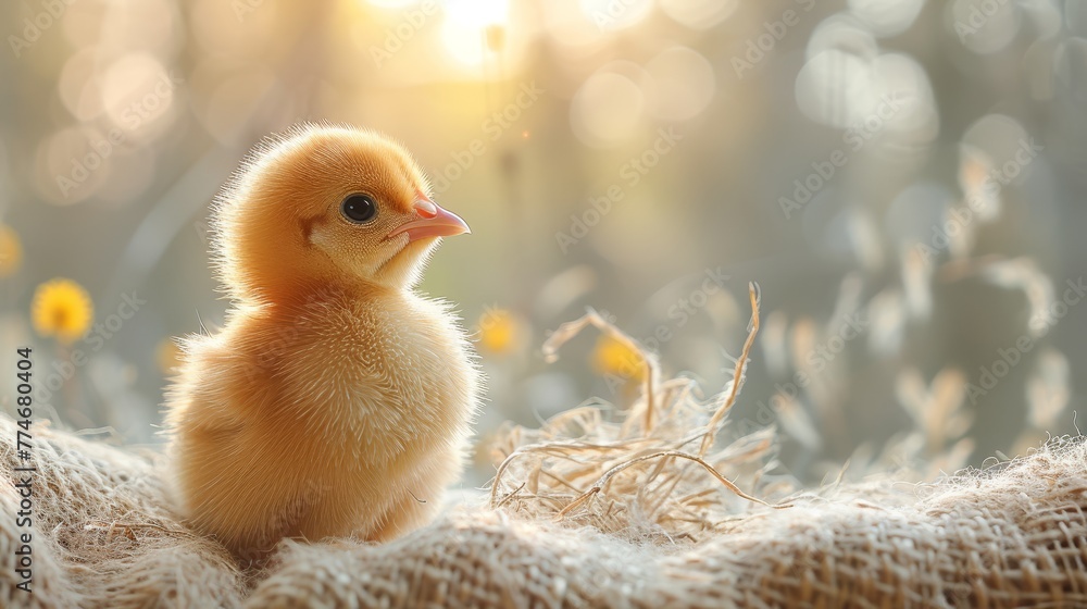 A small yellow duckling atop hay pile, near dandelion bundle A small yellow duckling atop hay pile, near dandelion bundle