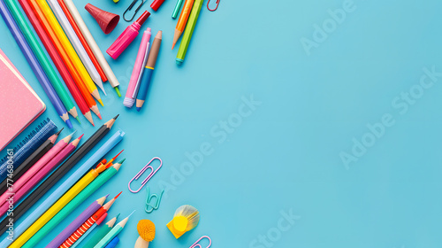 A colorful school supplies background with space for text on a light blue background