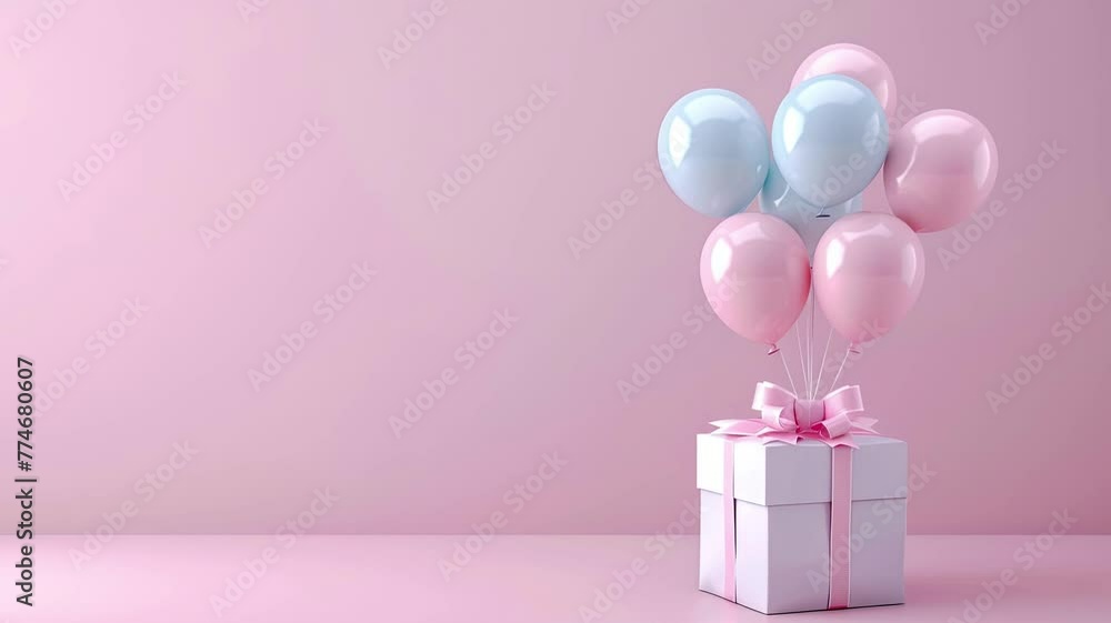 white gift box with colorful pastel balloons on top, copy space, pink background. Gift for birthday, mother day, and valentine white gift box with colorful pastel balloons on top, copy space, pink background. Gift for birthday, mother day, and valentine