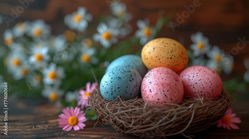   A nest filled with eggs atop a table Nearby, a bunch of daisies